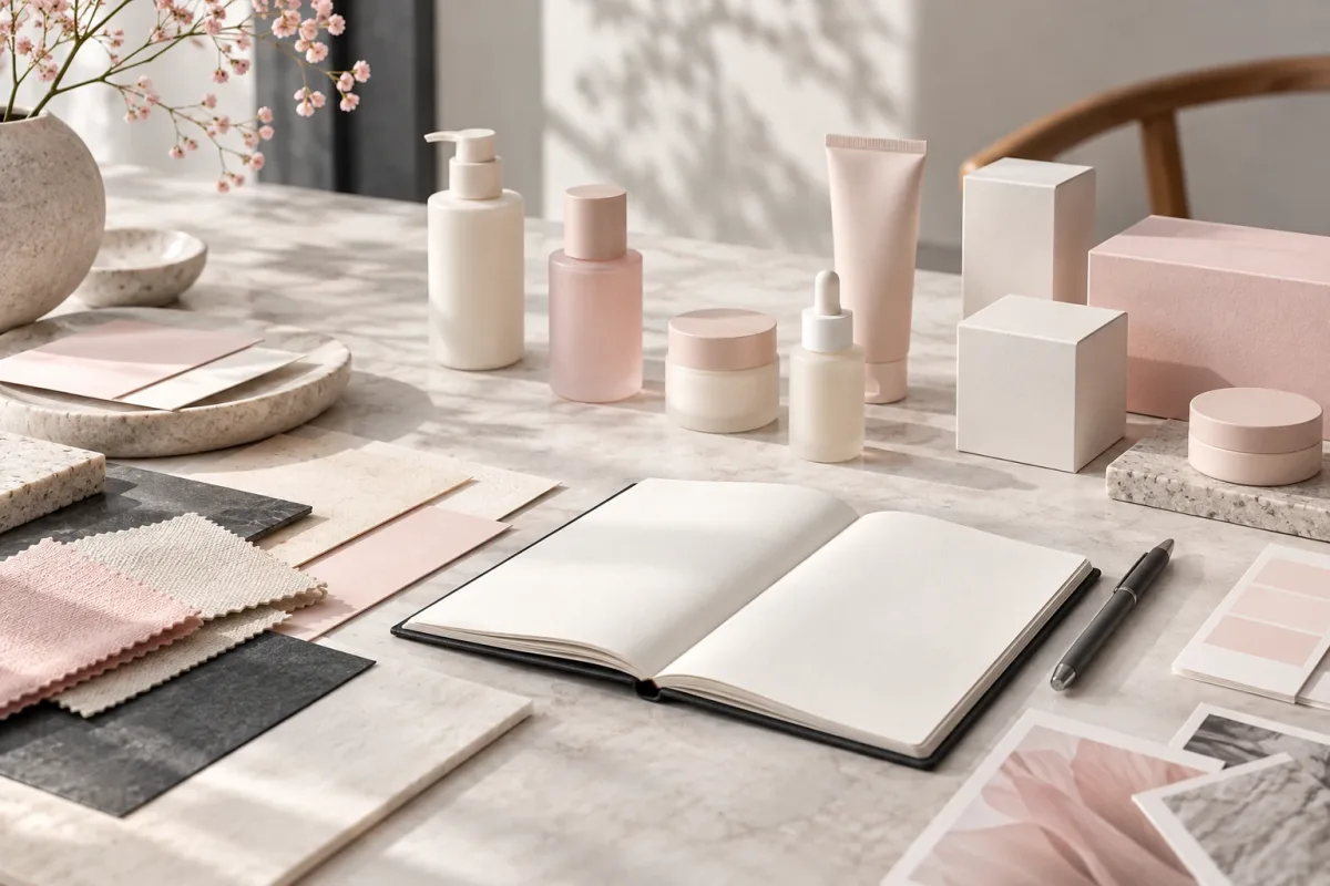 Mesa de trabajo editorial con muestras de productos y materiales